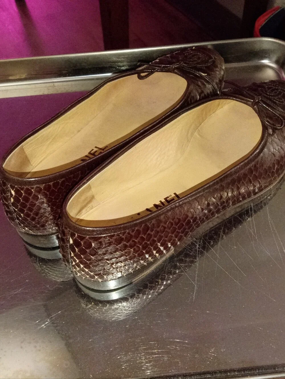 CHANEL Brown Python-Embossed Leather Ballet Flats - Picture 2 of 7